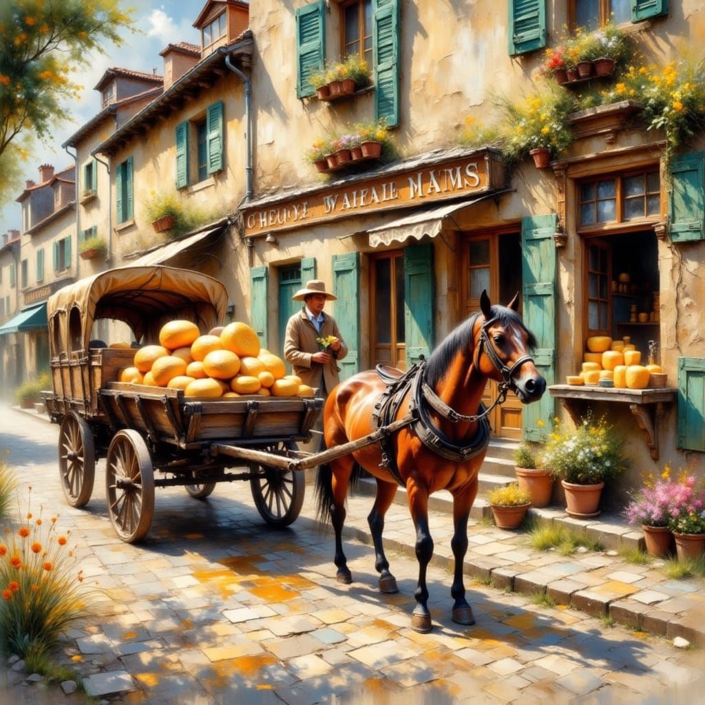 Horse-Drawn Cheese Delivery in Impressionist Style