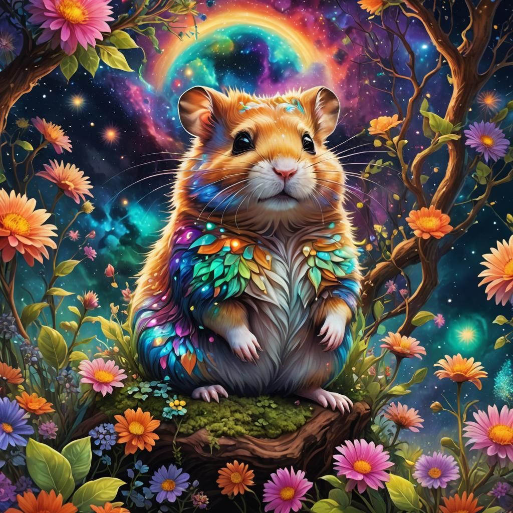 Iridescent Hamster in Cosmic Aurora Dreamscape