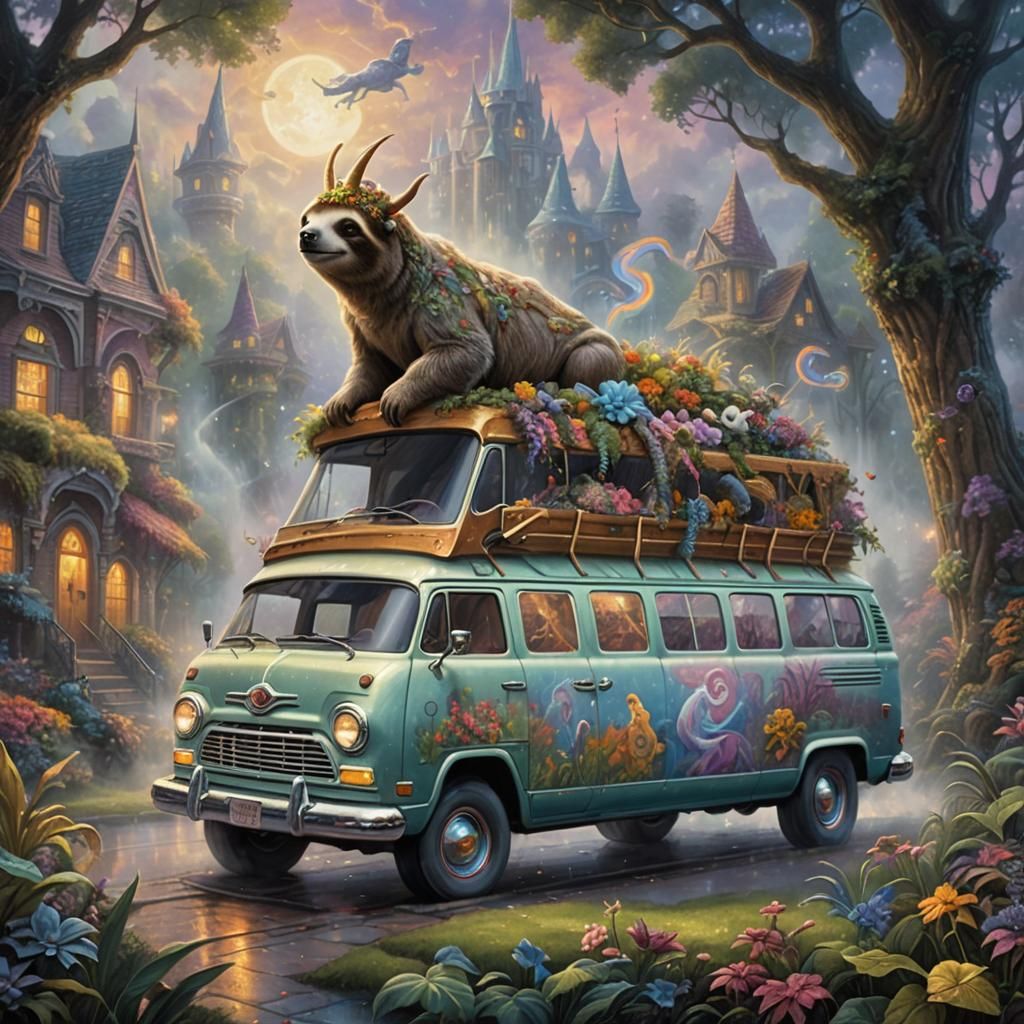 Sloth Unicorn Mural on Lowrider Van