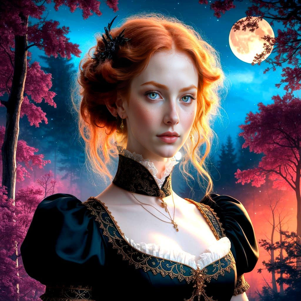 Victorian Beauty in Moonlit Forest, Detailed Matte Painting