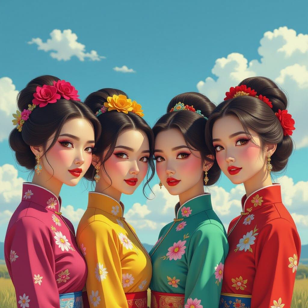 Vibrant Qipao Circle: Hyperrealistic Cartoonish Style