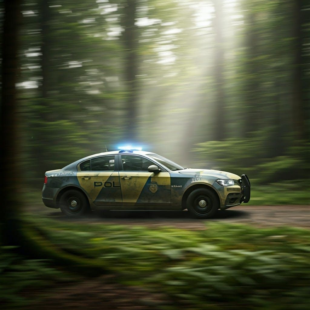 Woodland Police Chase in Hyper-Realistic Style