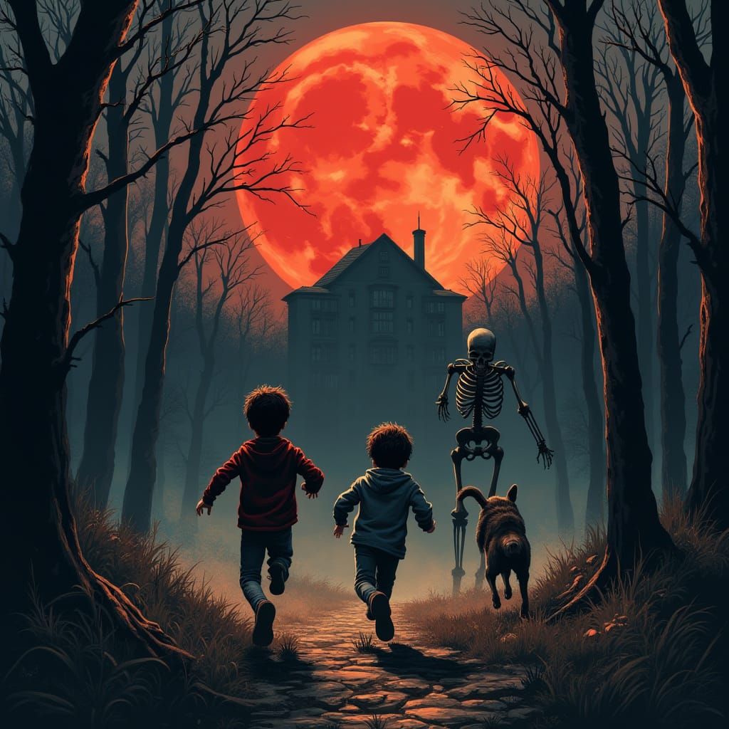 Boys and Dog Flee Skeleton Under Red Moon