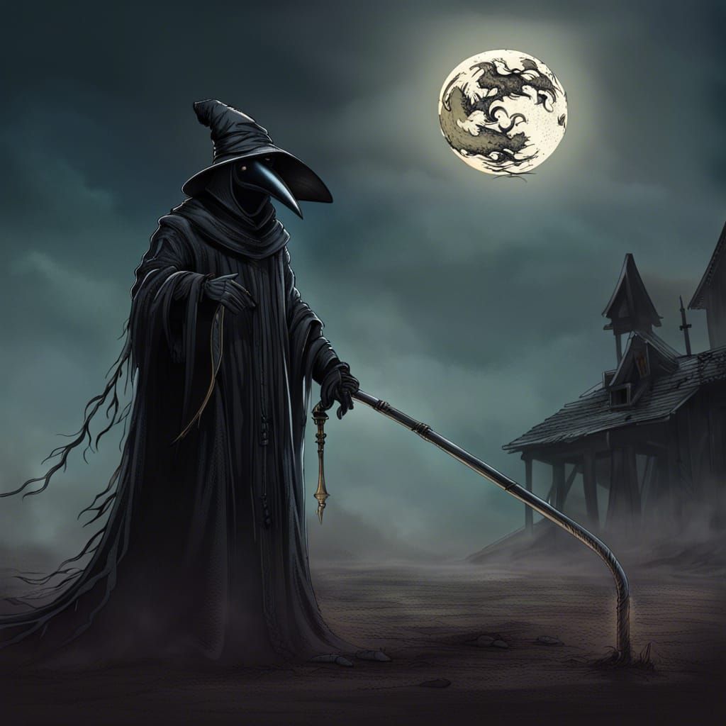 Plague Doctor with Scythe in Detailed Matte Painting