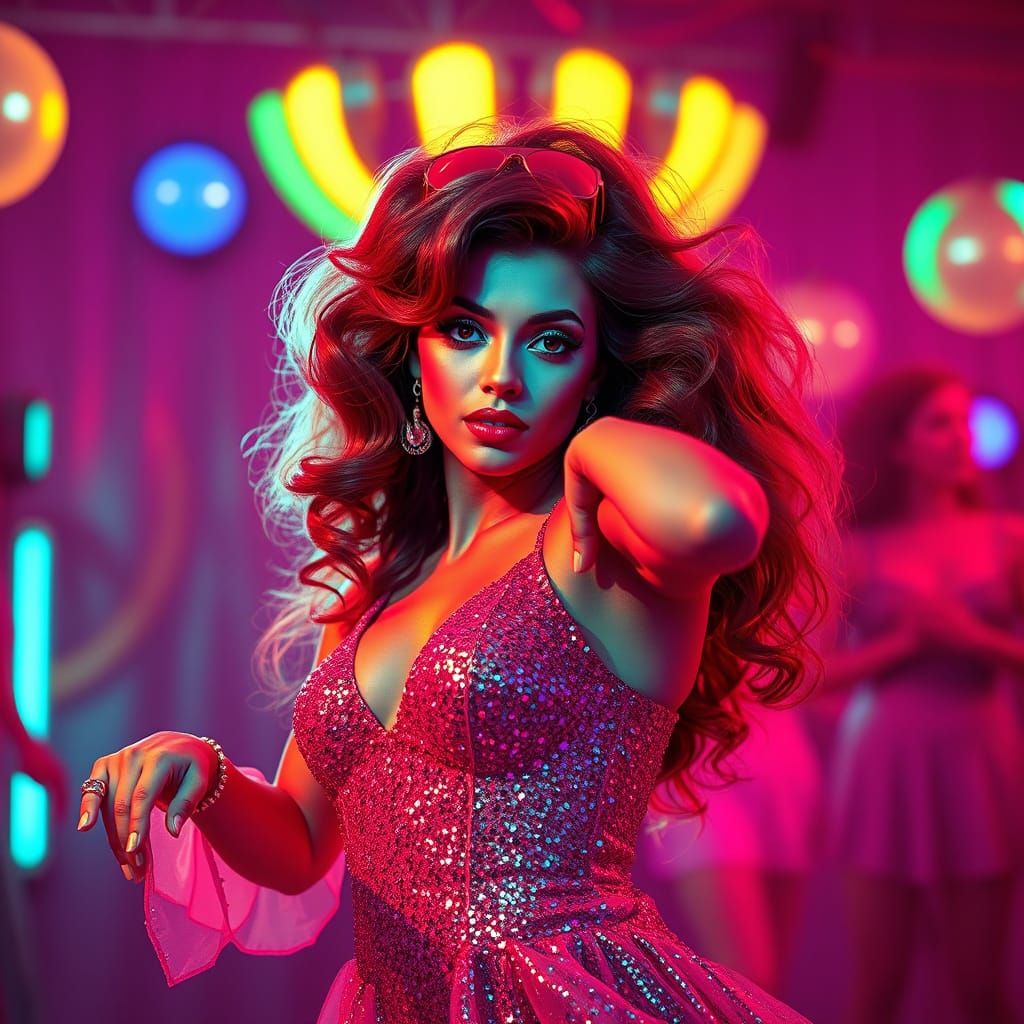 Disco Glamour: Woman Dancing in Neon Lights