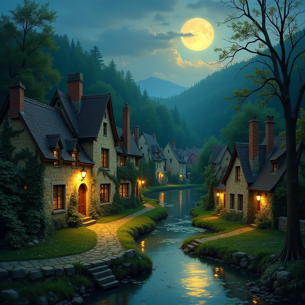 Moonlit Village Scene in Dreamy Romantic Style