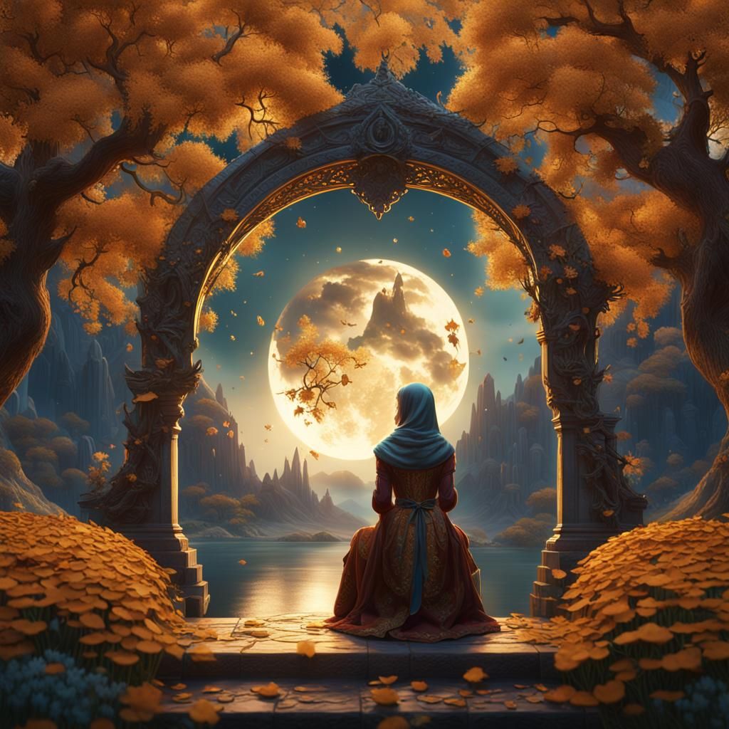 Veiled Girl on Crescent Moon with Flowers