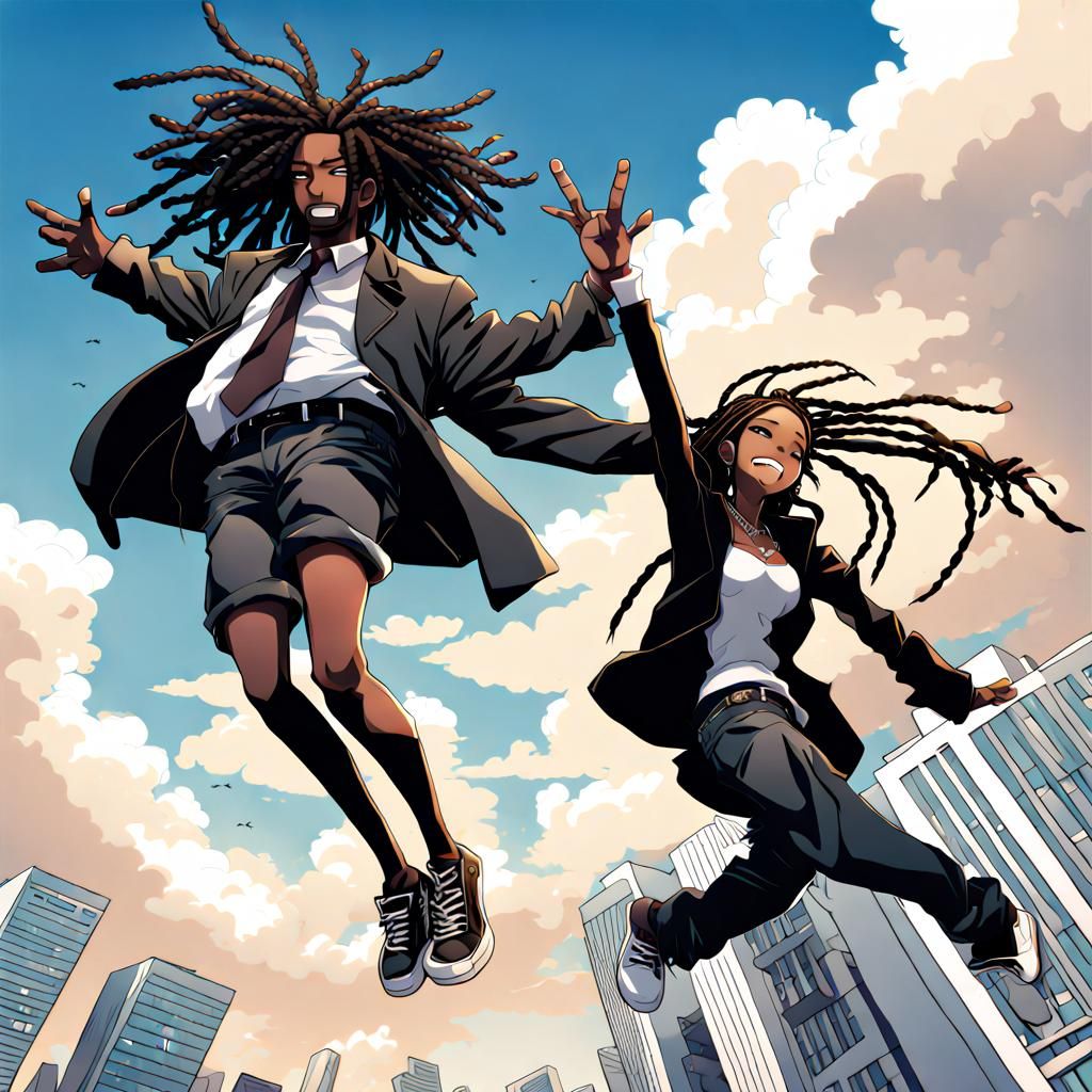 Gangster Couple Falling: Anime Style Cartoon Drawing