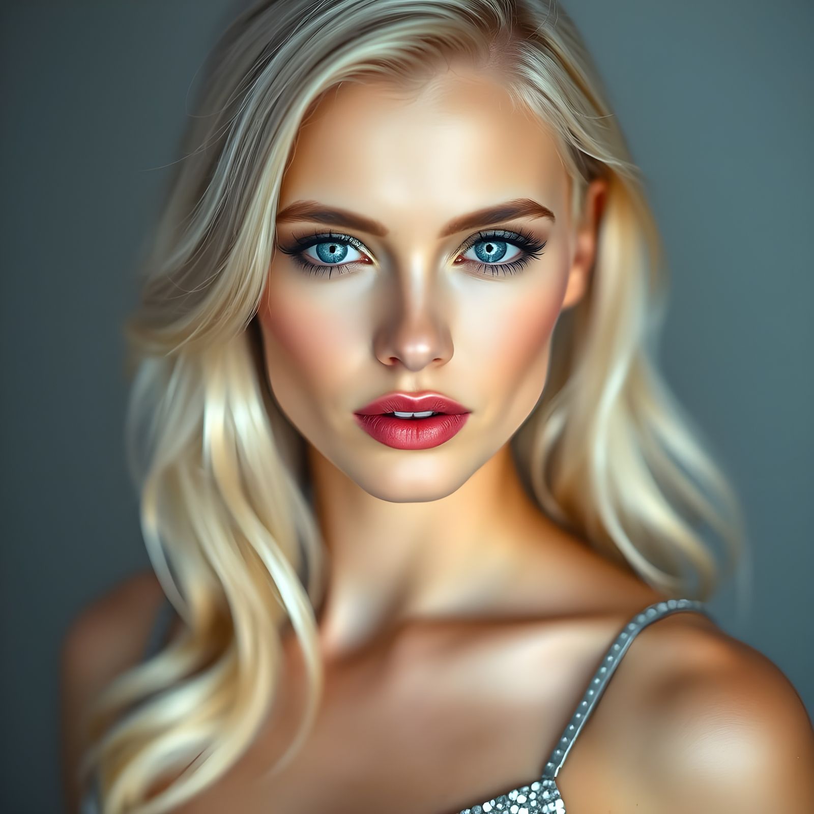 Glamorous Blonde Woman in Silver Sequins