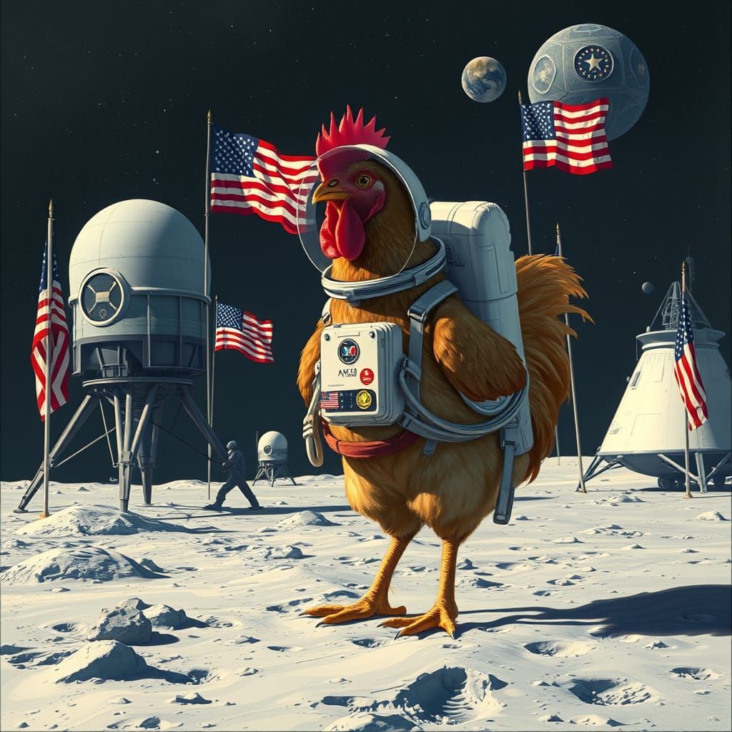 Chicken Astronaut on Moon Landing Scene