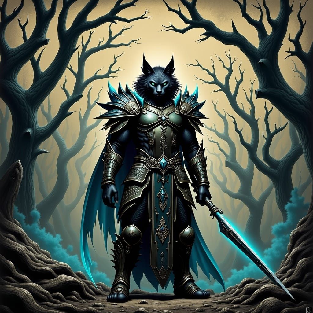 Fierce Feline Warrior in Mystical Forest, Comic Book Style