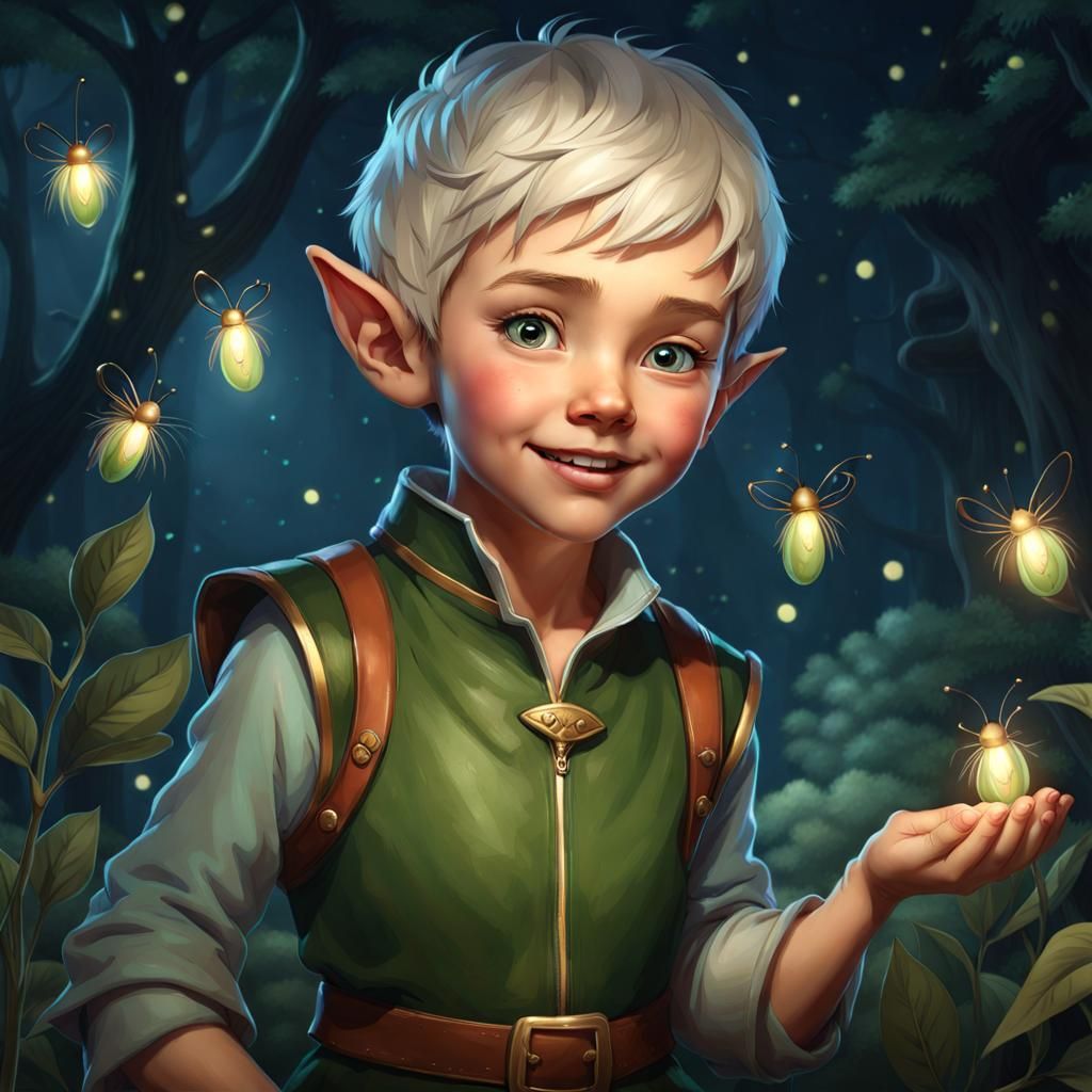 Cute Elf Boy with Fireflies, Digital Art