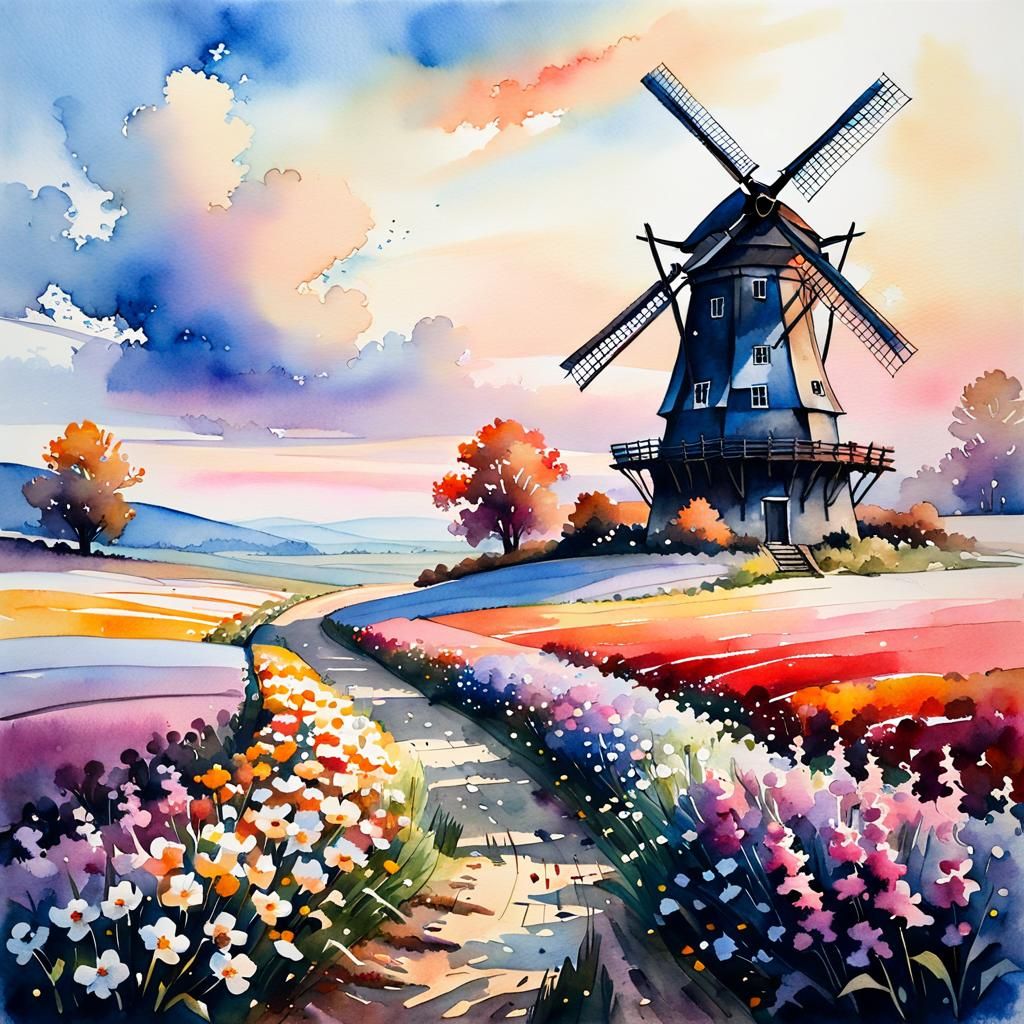 Windmill in Flower Field Watercolor Painting