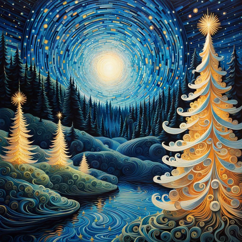 Santa in Bioluminescent Christmas Maze, Iridescent Ink Art