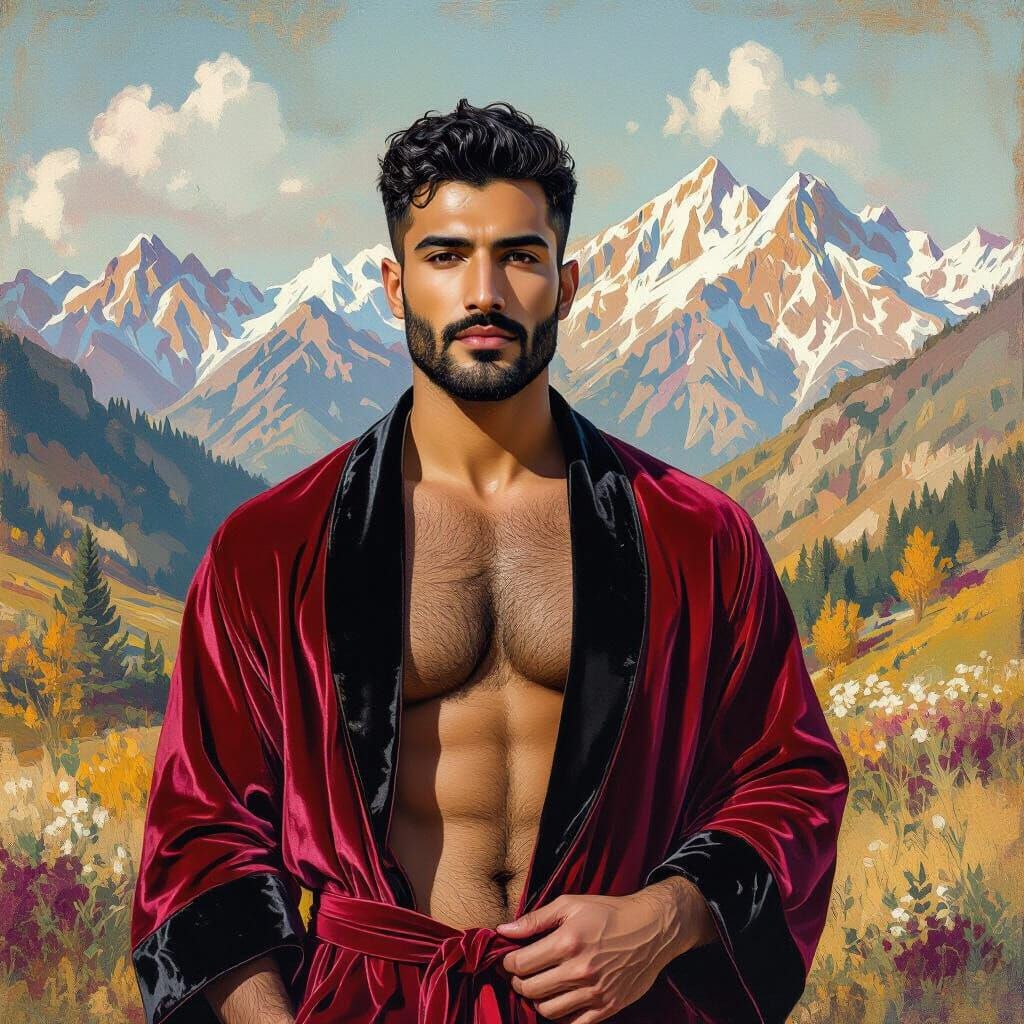 Golden Portrait of Man in Red Robe, Impressionist Style