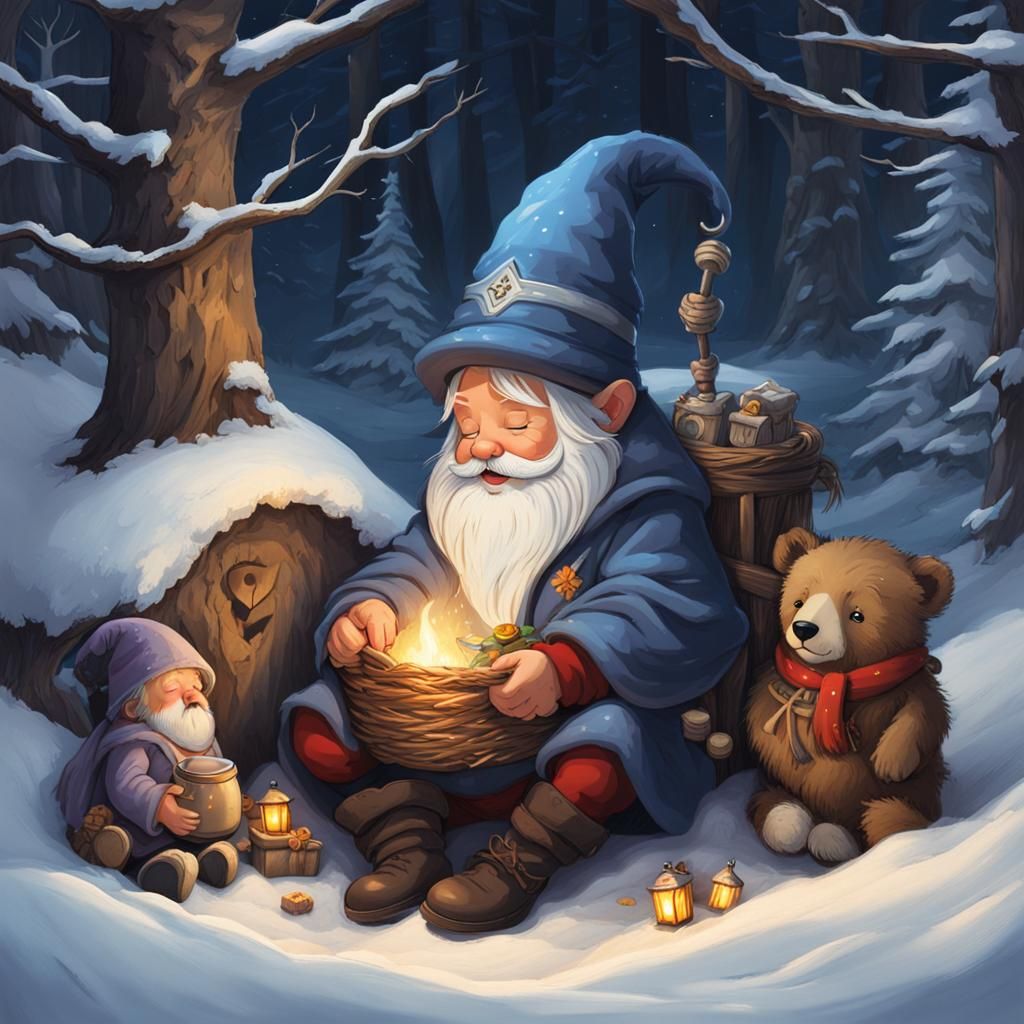 Wizard Gnome Sleeping with Bear in Winter Den