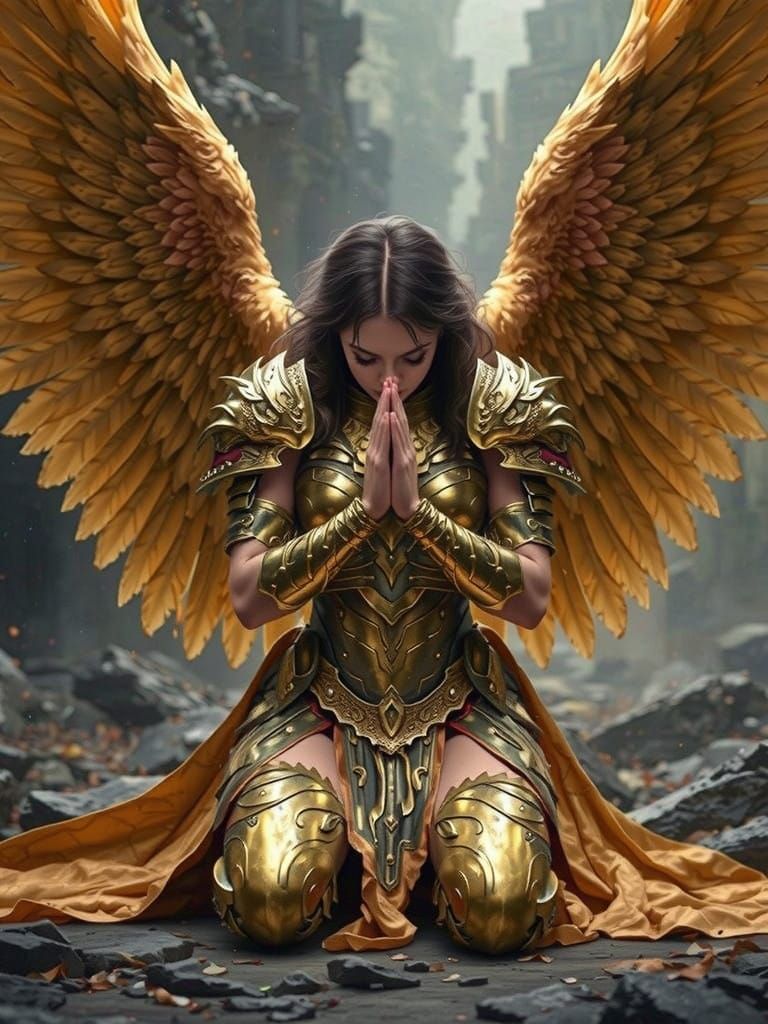 Ethereal Female Angel in Golden Armor and Majestic Wings