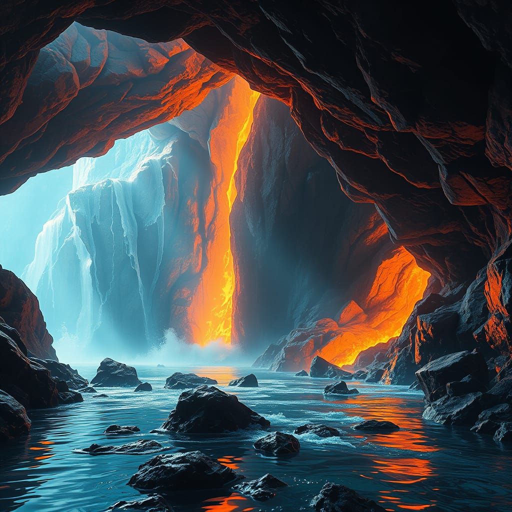 Ethereal Cave Scene with Triadic Colors