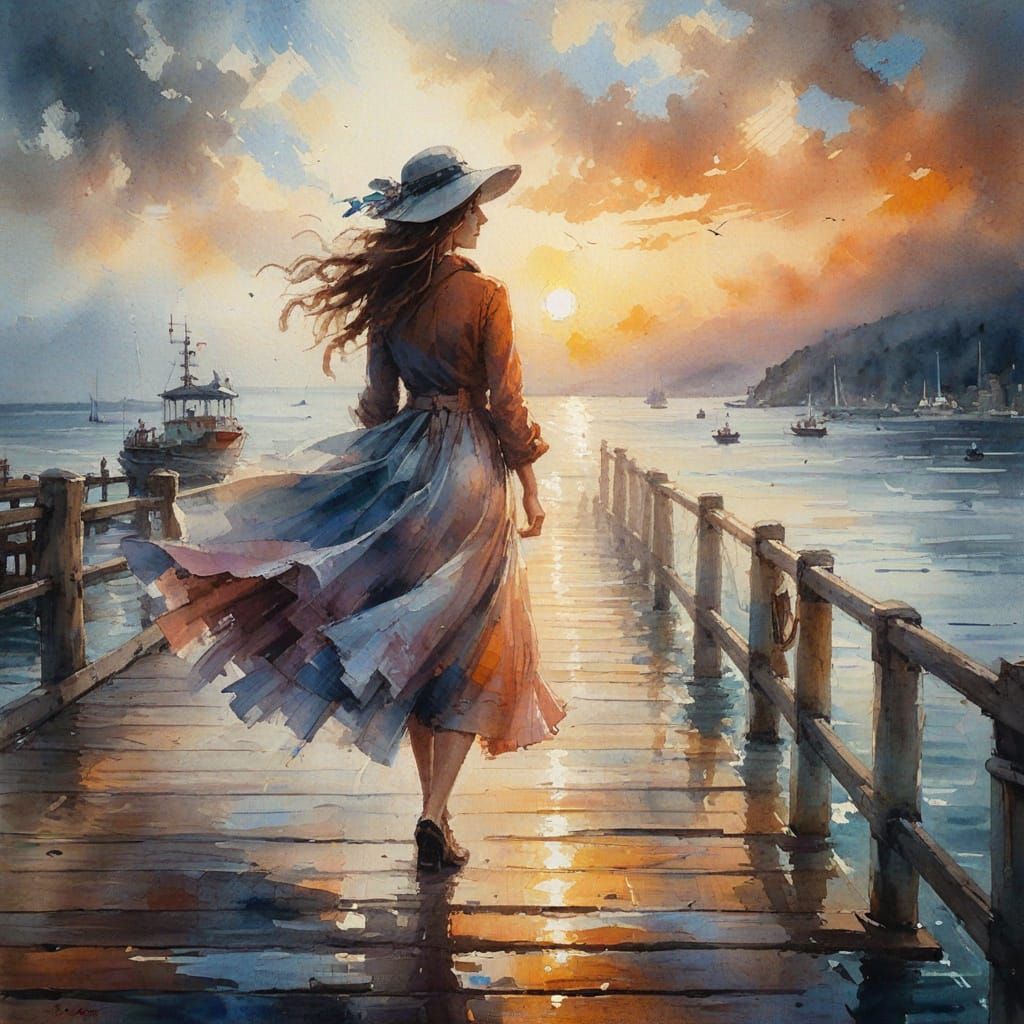 Woman on a Pier Contemplates the Sea