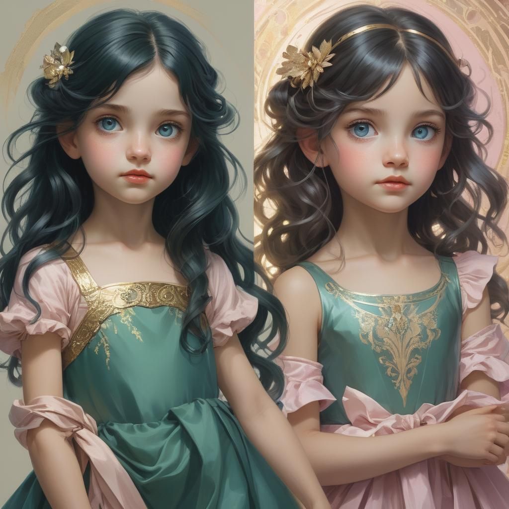 Detailed Portrait of Two Little Girls in Art Nouveau Style
