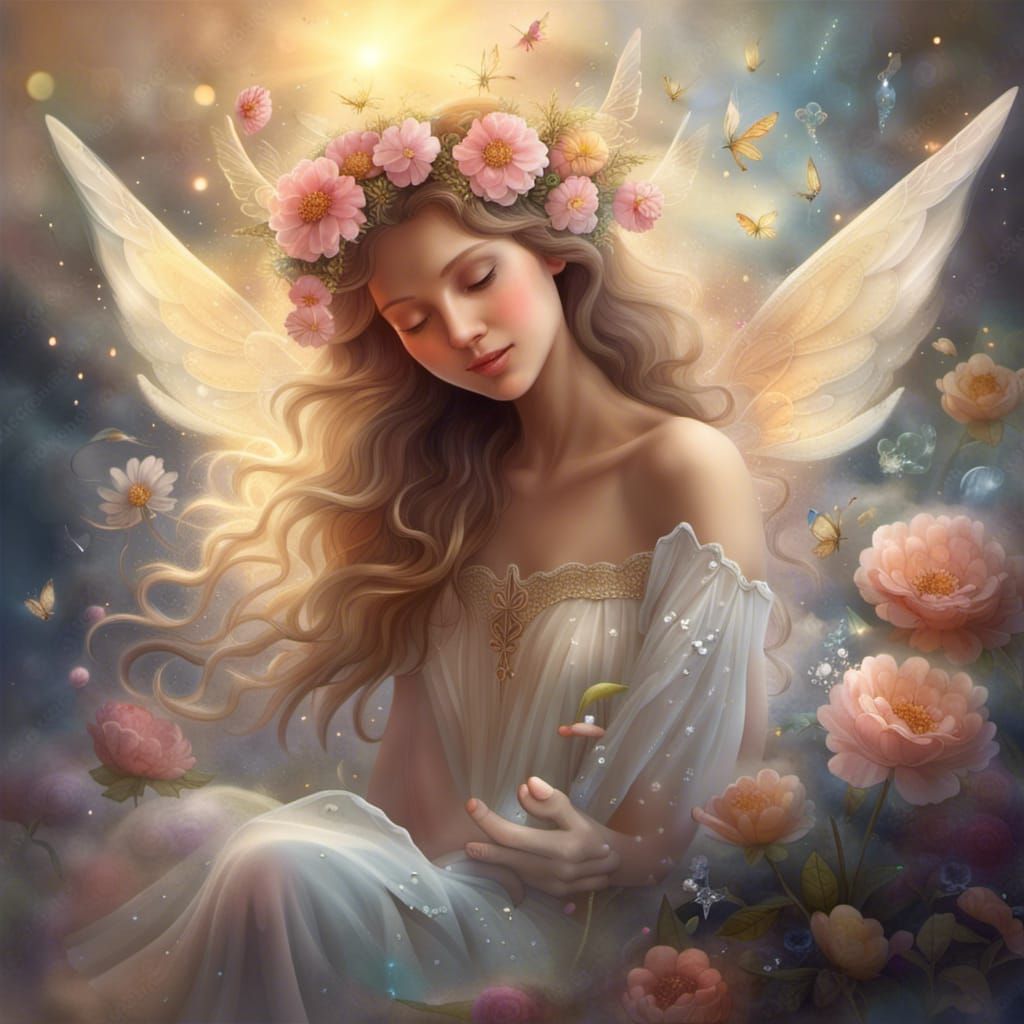 Ethereal Angel Floating on Clouds in Sunlight