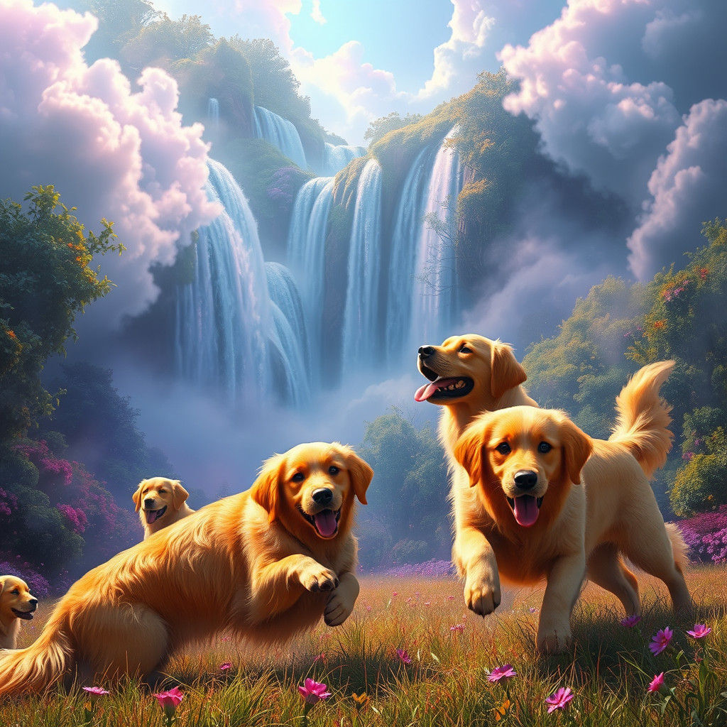 Golden Retrievers in a Dreamlike Landscape