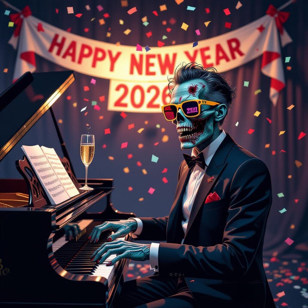 Zombie Pianist Plays Piano with New Year's Banner