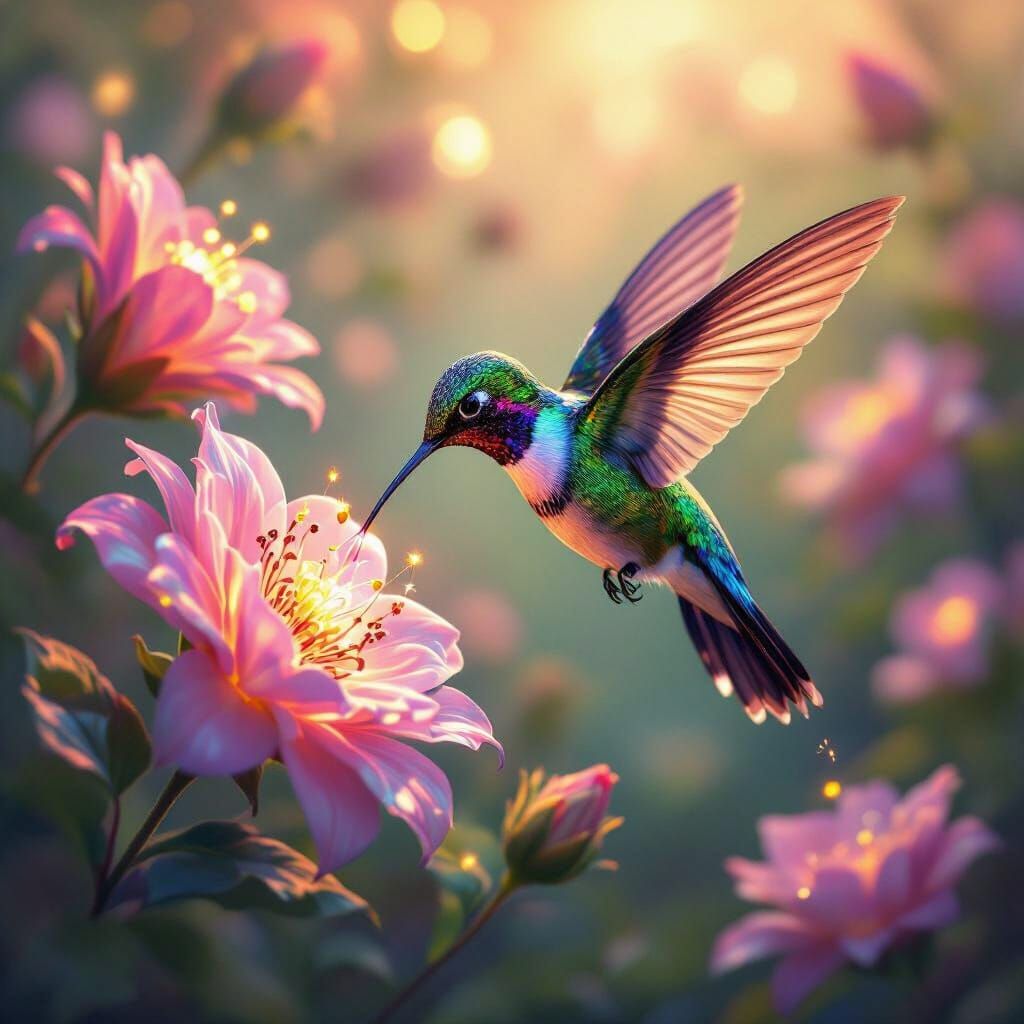 Hummingbird Drinks Nectar From Glowing Fairytale Flowers