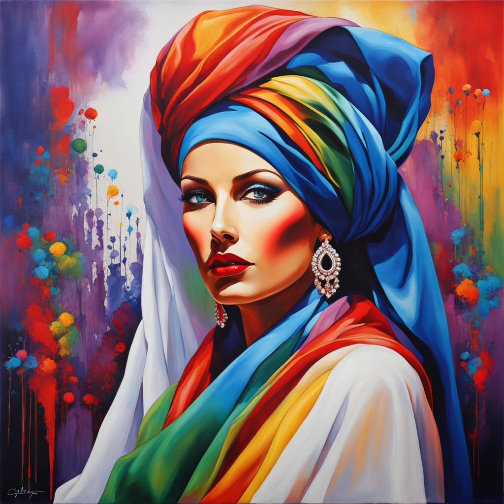 Glamorous Lady in Colorful Graffiti Art Headscarf