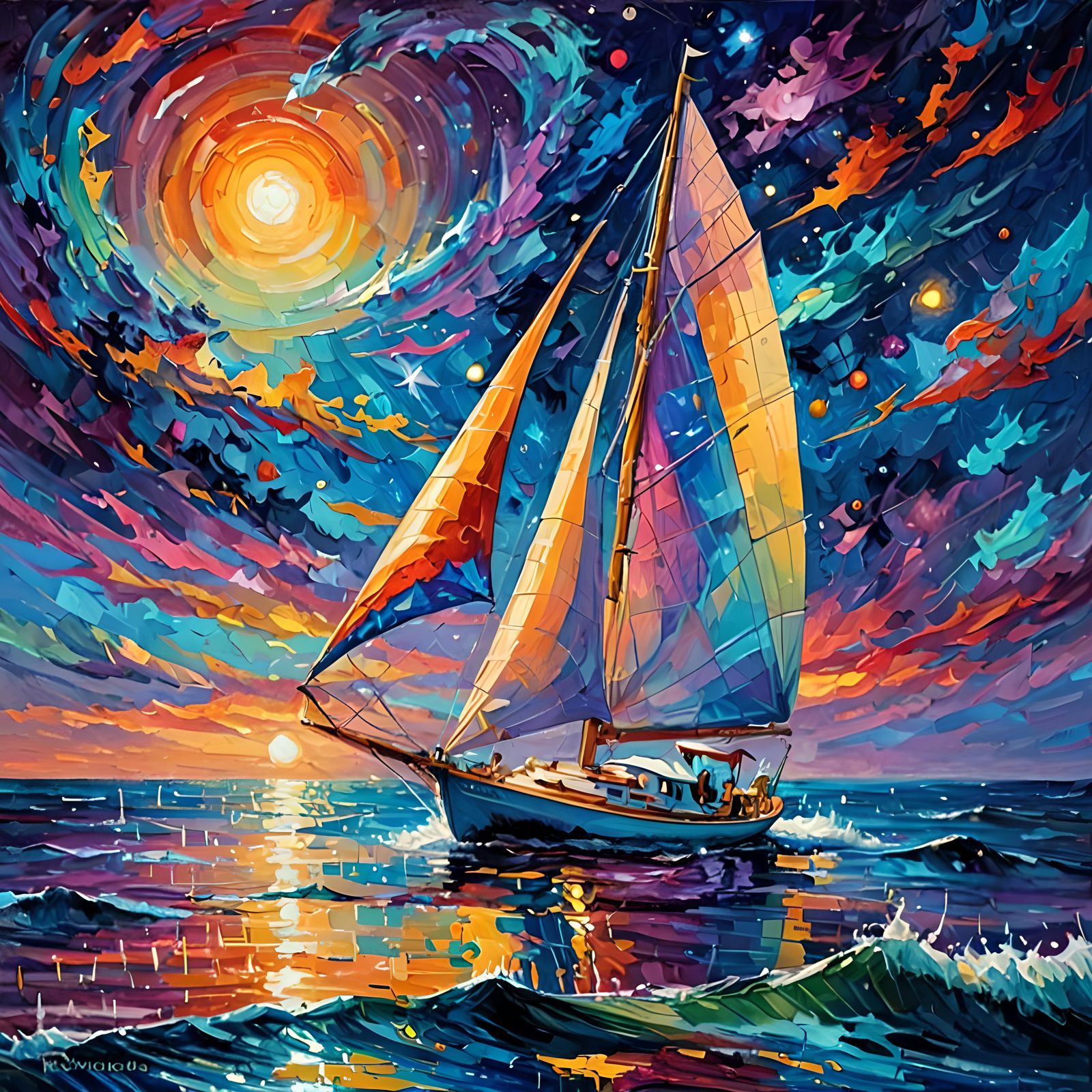 Cosmic Sailboat on Ocean in Impressionistic Style