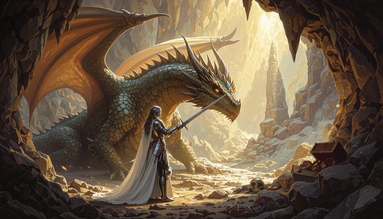 Knight and Dragon in Hidden Cave, Fantasy Art