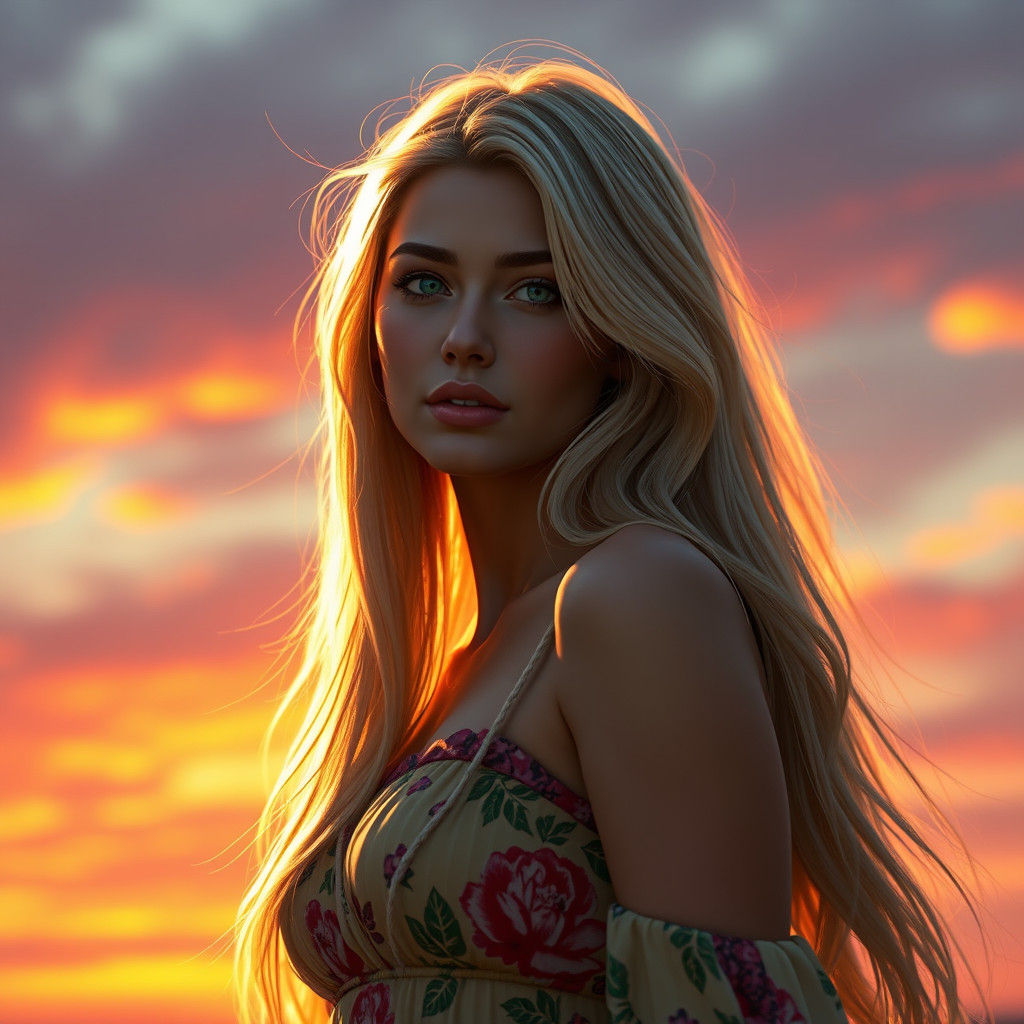 Pensive Woman Portrait in Sunset Light