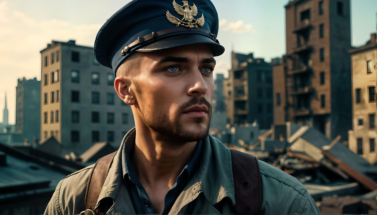 Steampunk WWI Sailor in Apocalyptic Cityscape