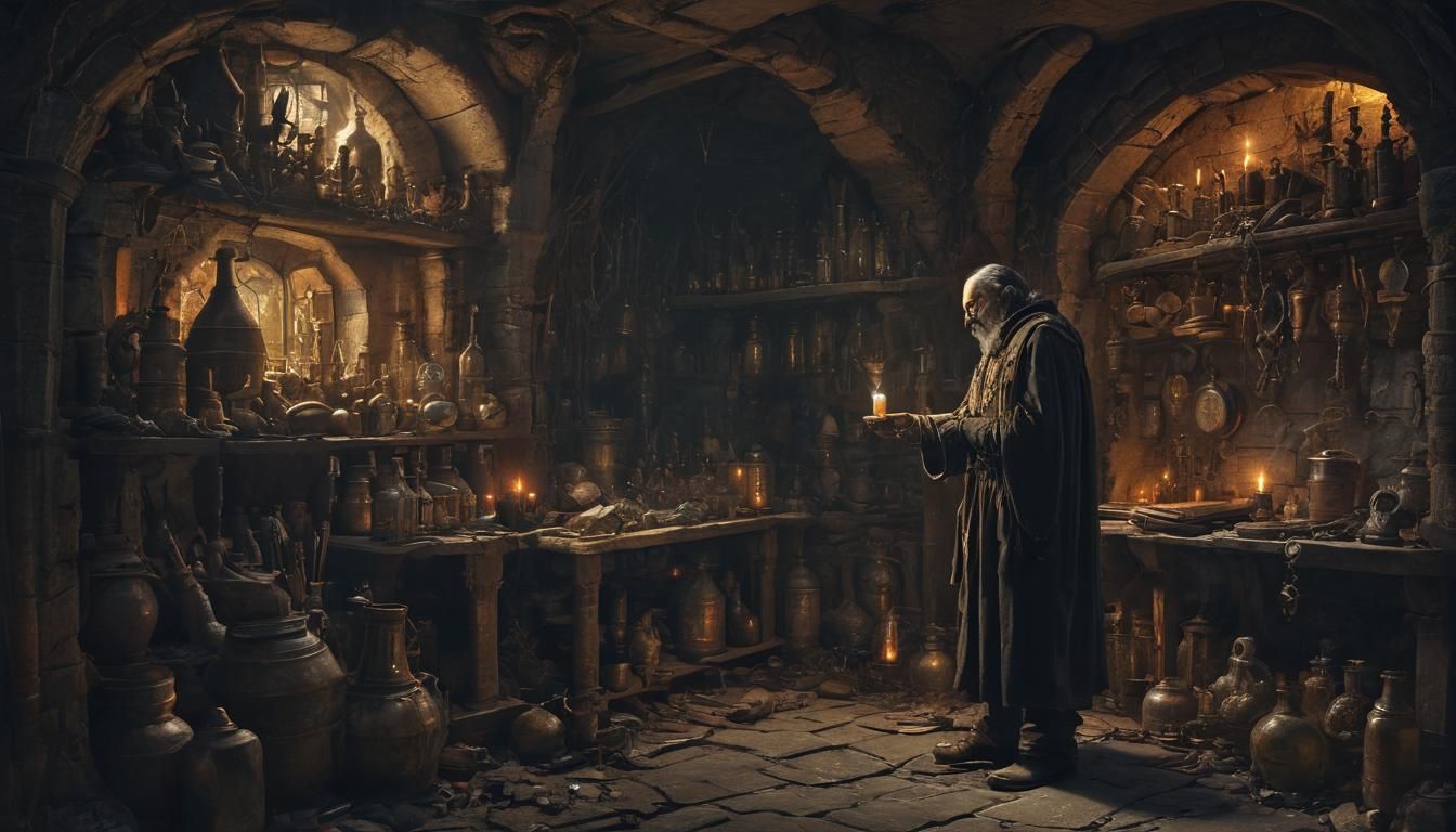 Alchemist in Cellar Inspired by Gustave Doré