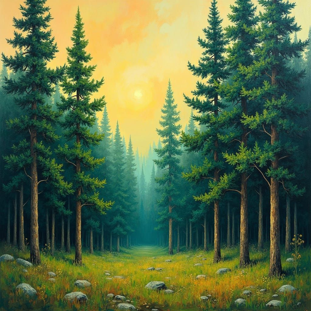 Evergreen Forest Landscape in Impasto Style