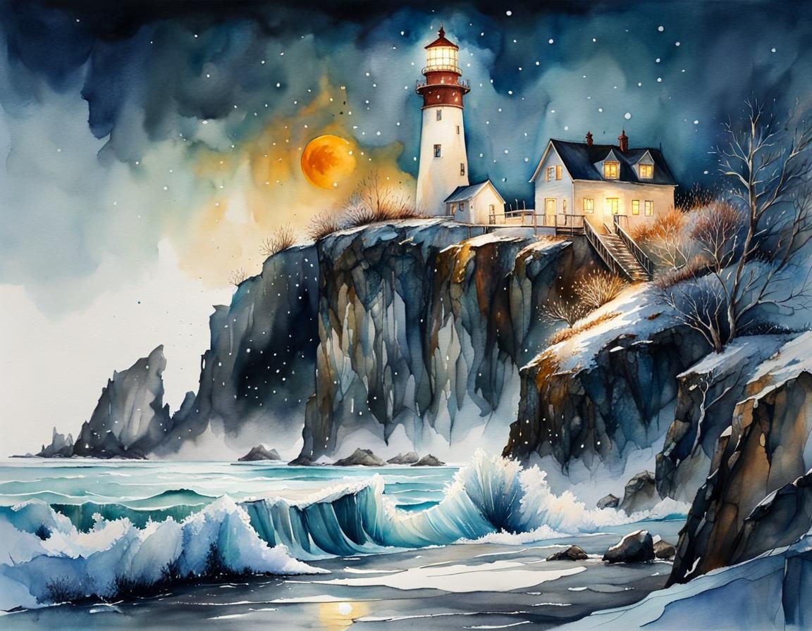 Winter Beachscape: Watercolor Lighthouse in Moonlight