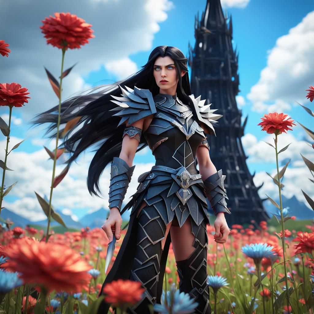 A fierce female barbarian with flowing black hair and pierci...