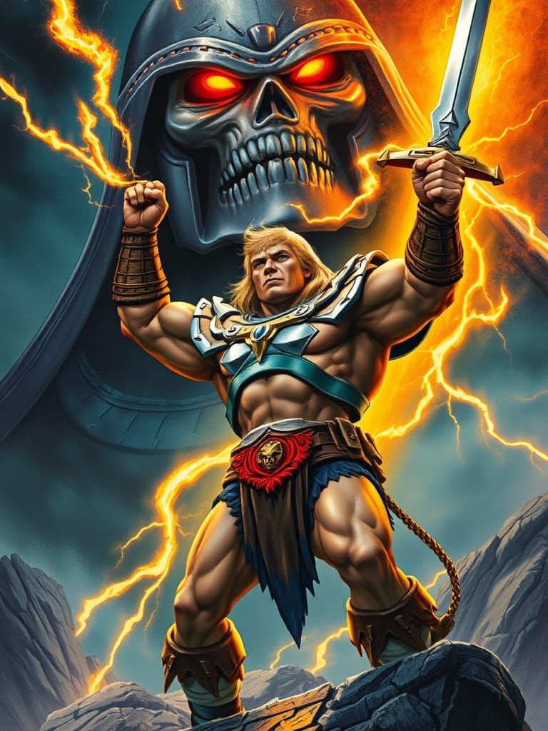 He-Man Raises Sword of Power in Epic Battle