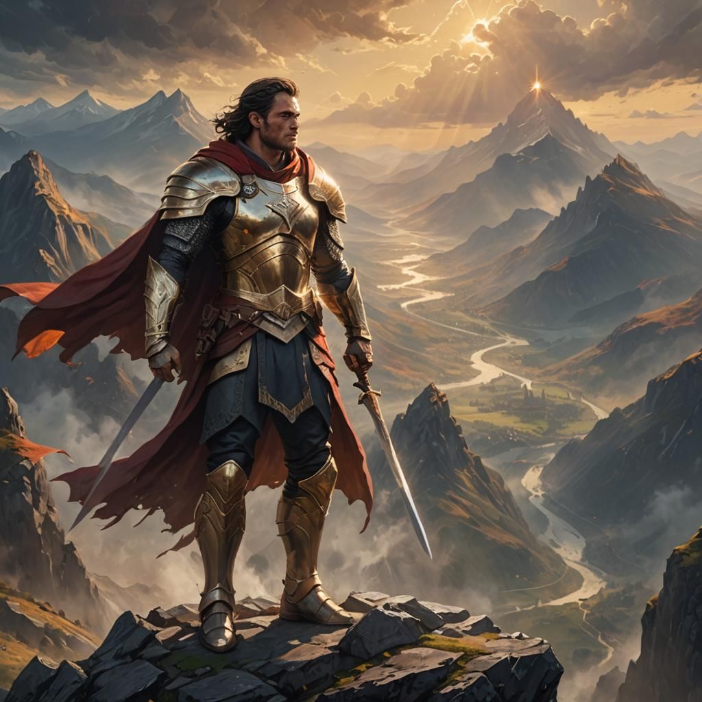Triumphant Warrior on Mountain Peak in Golden Light