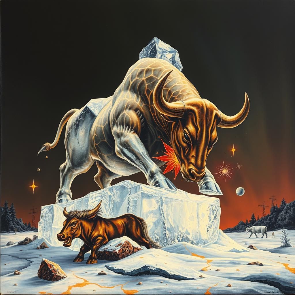 Icy Bull Sculpture in Dystopian Art Deco Style