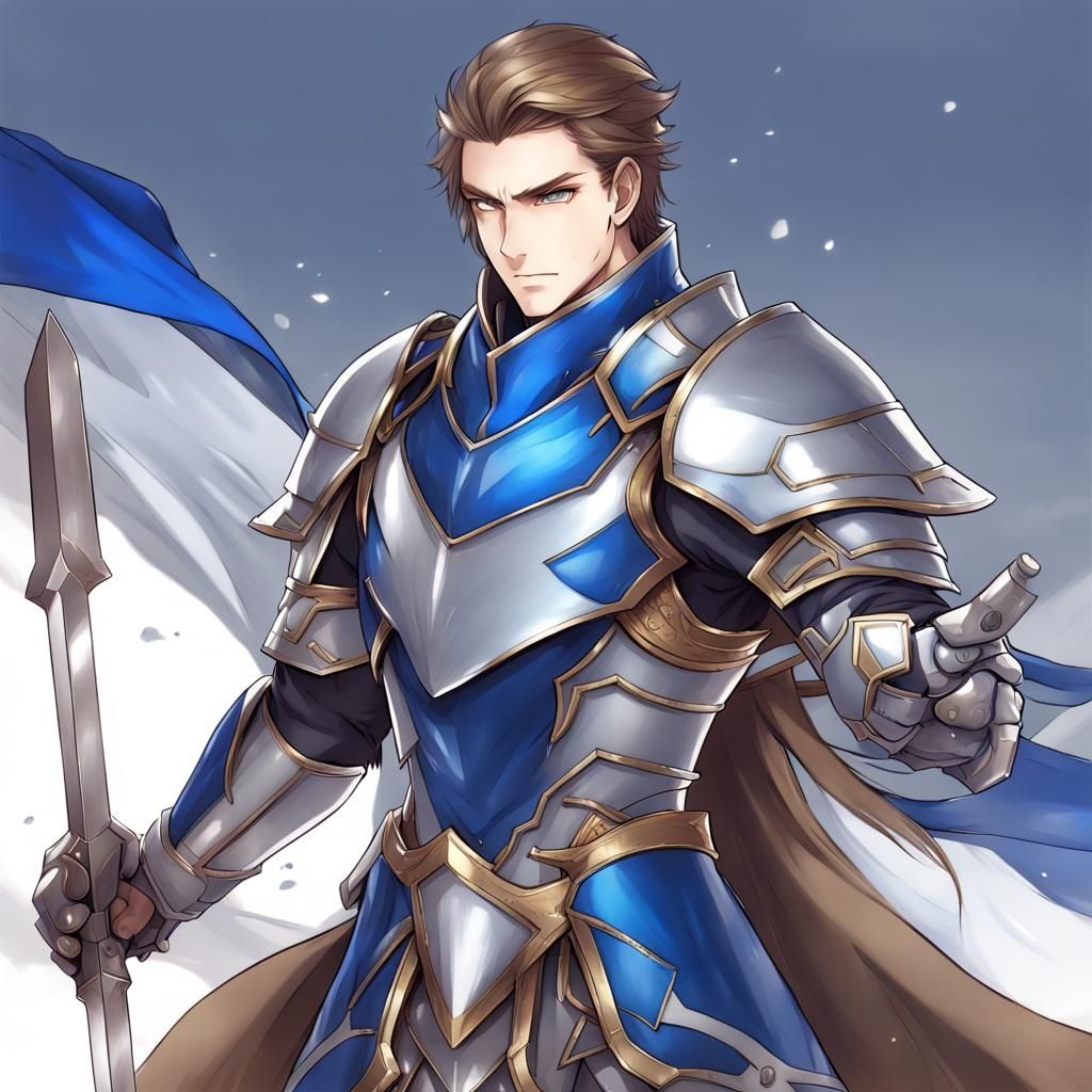 Anime Style Paladin in Silver and Blue Armor
