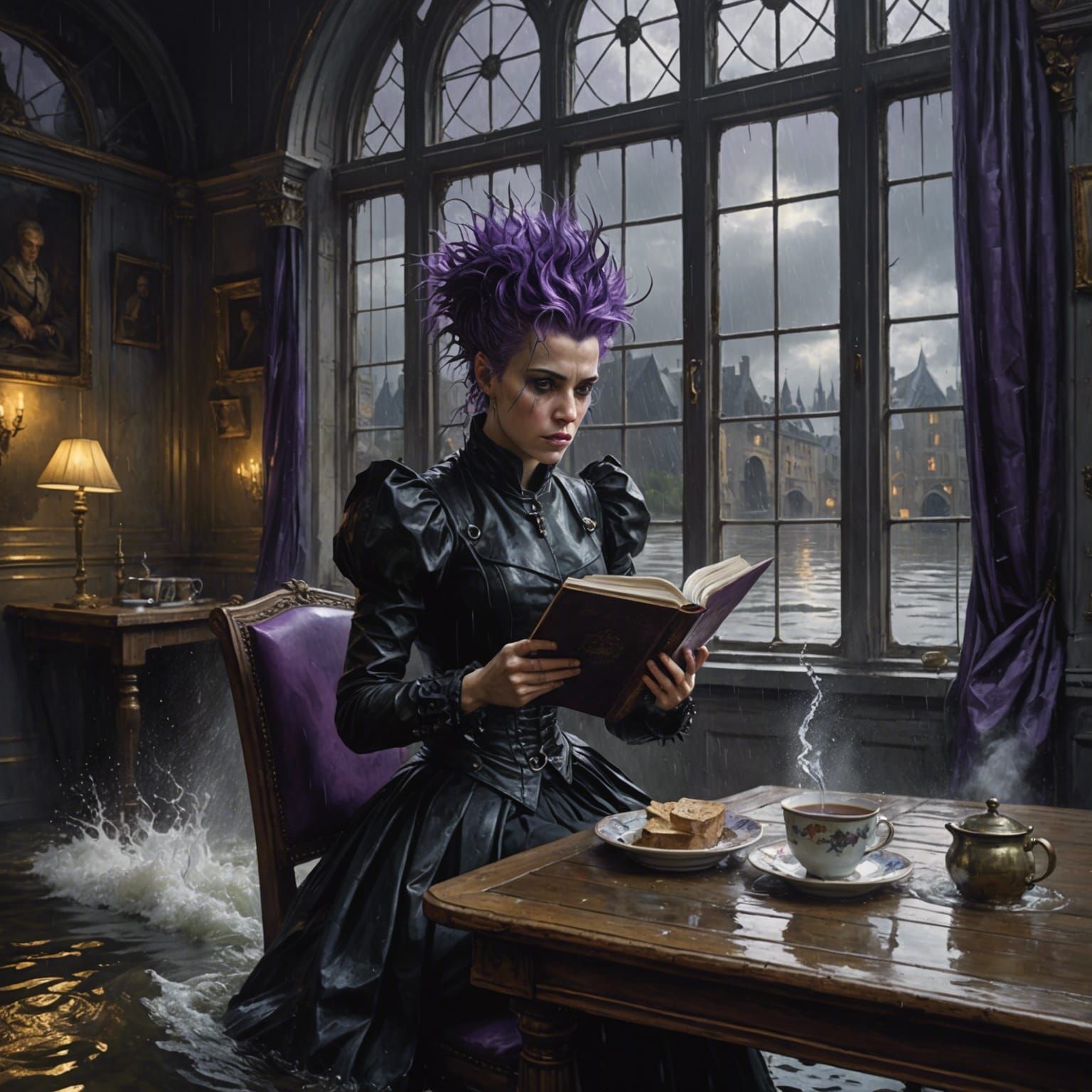 Woman Reading During Flood, Gothic Art Style