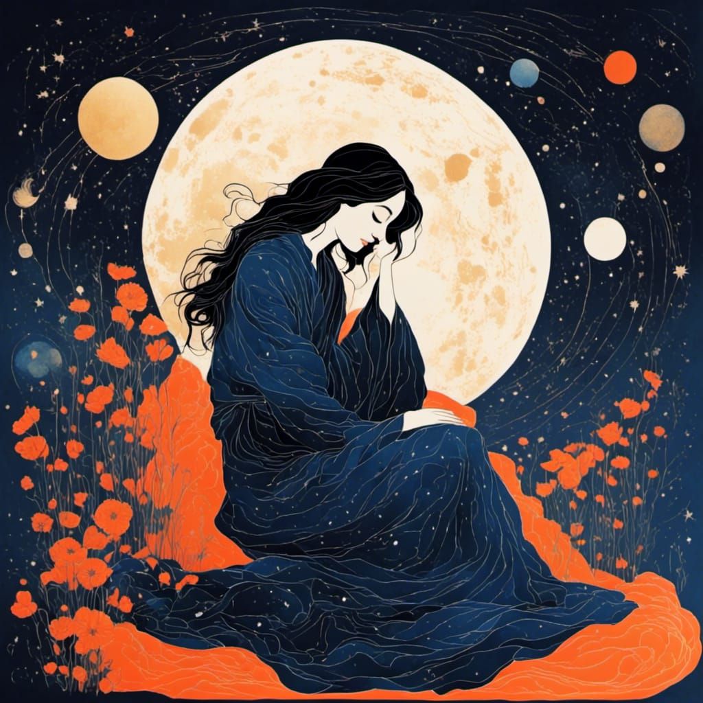 Woman Sleeping in Cosmic Dreamscape, Palekh Style