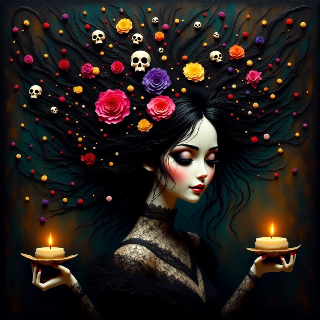 Gothic Japanese Witch with Flowers and Spiders