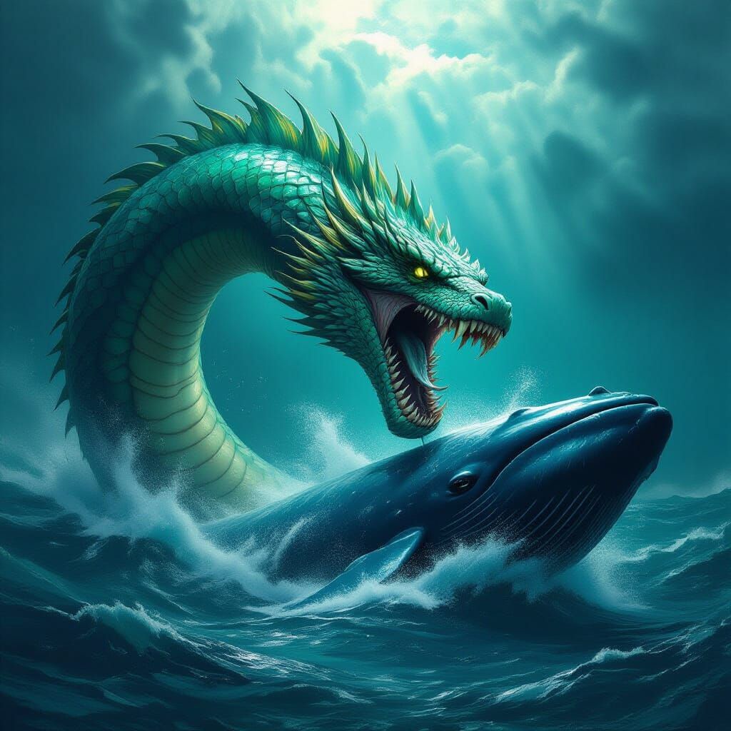 Colossal Sea Serpent Devouring Whale in Stormy Depths