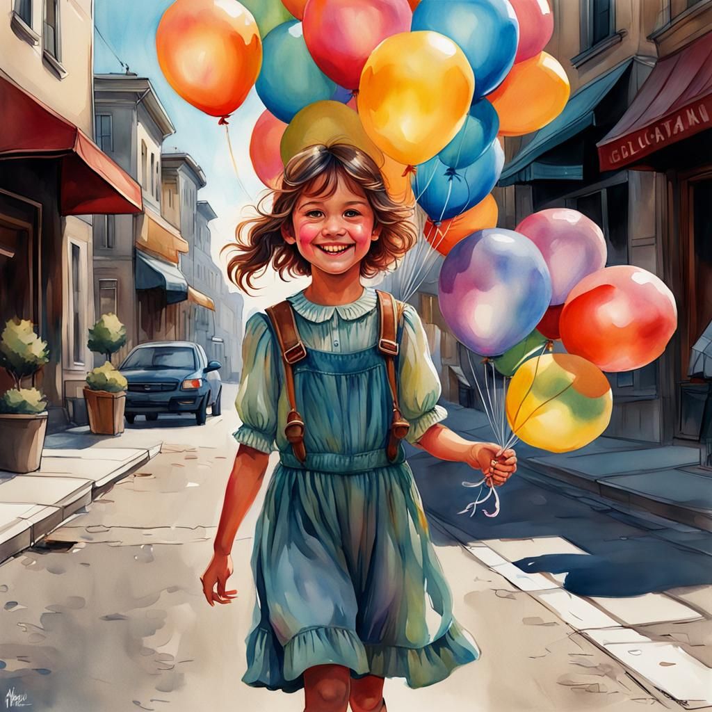 Happy Girl with Balloons in Watercolor Style