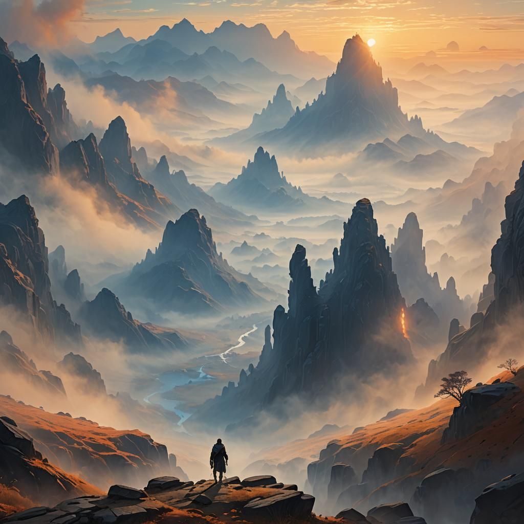 Misty Valley Sunrise: Fantasy Matte Painting