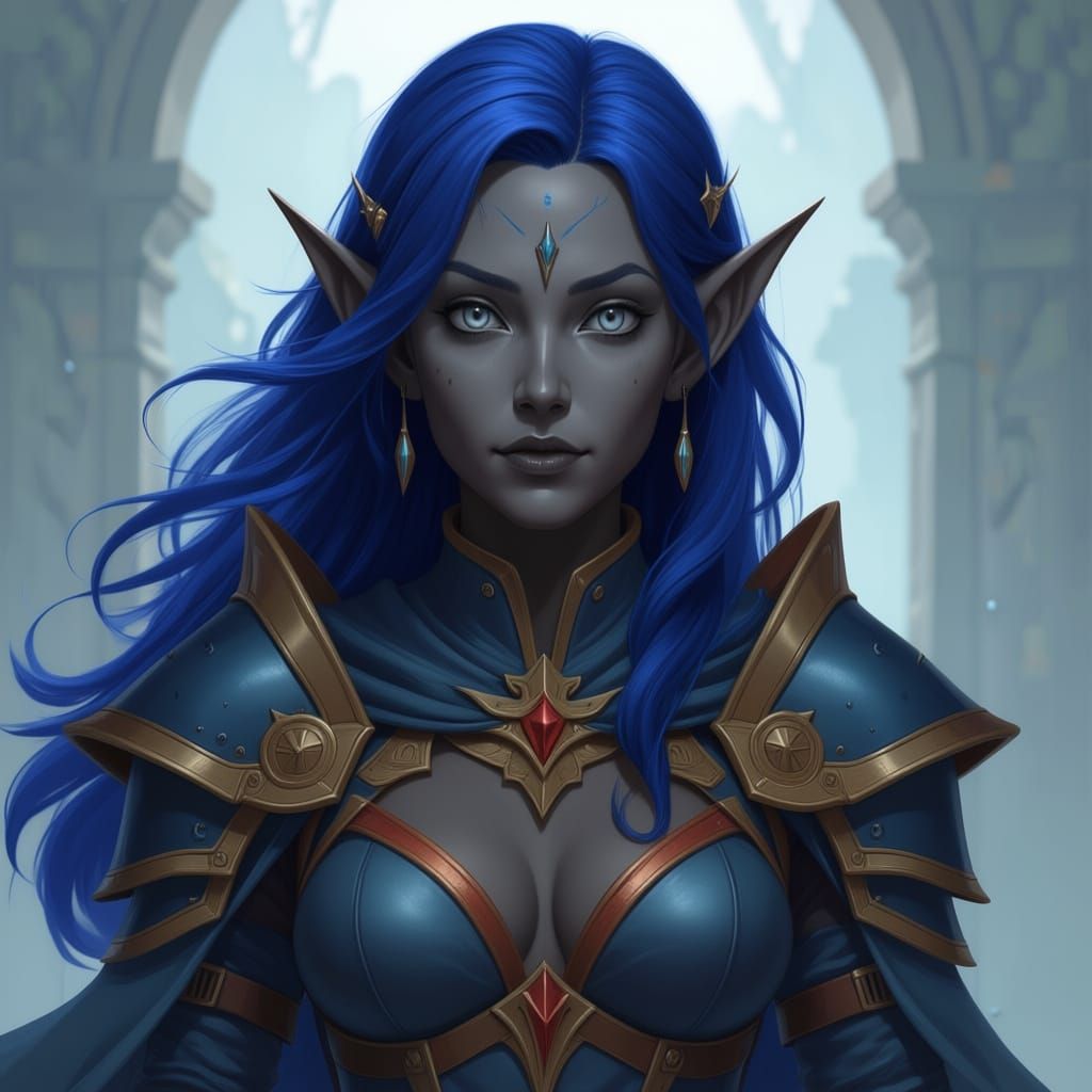 Water Genasi Cleric in Blue and Orange Armor