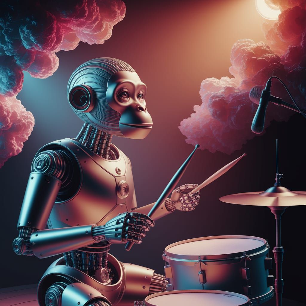 Robot Monkey Drummer in Art Nouveau Style
