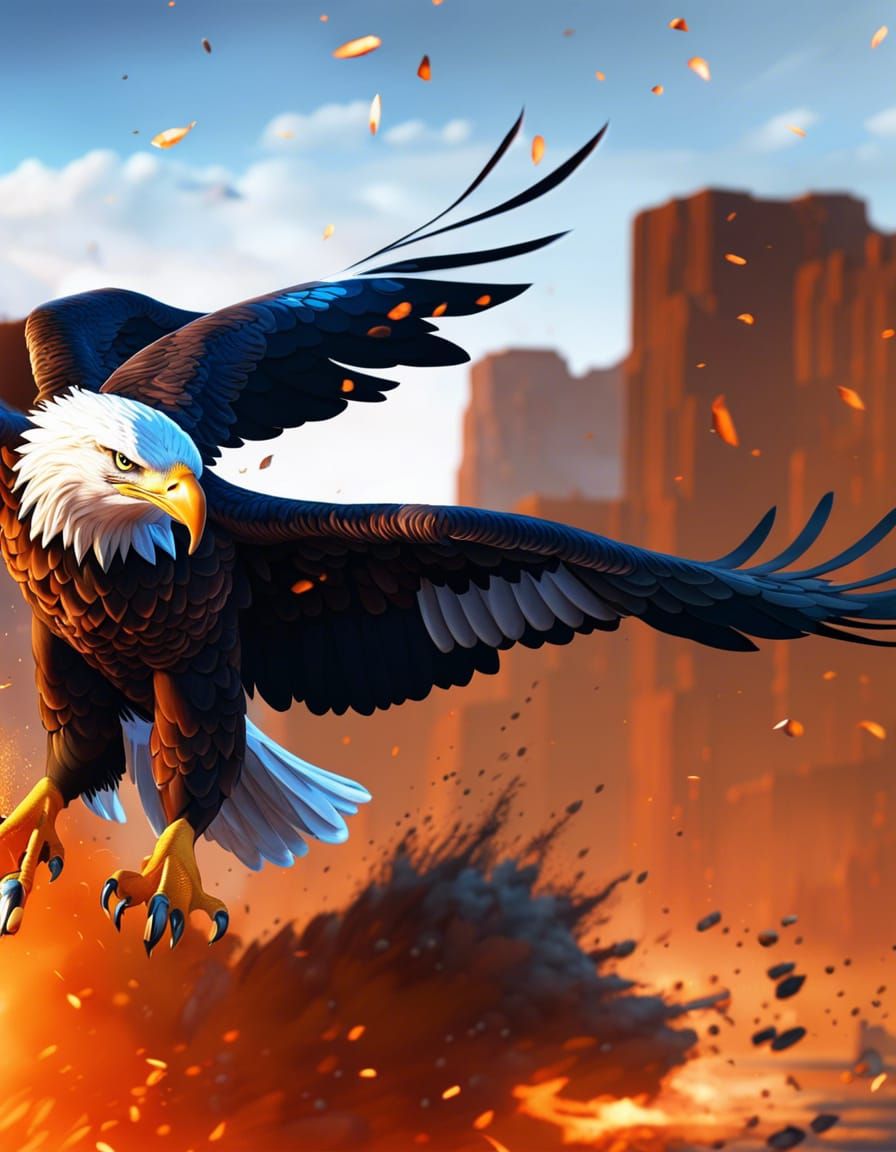 Bald Eagle Hunting in Explosive Fantasy Landscape